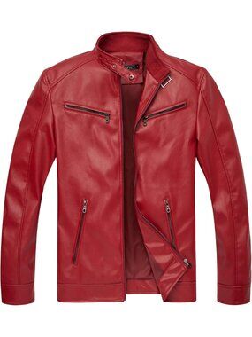 Men’s Red Faux Leather Motorcycle Jacket Stand Collar Lightweight Biker Coat